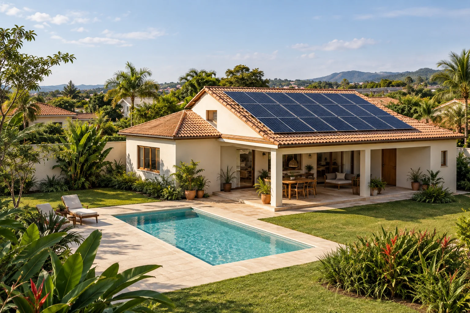 Ilustração de uma casa com painéis solares, jardim e piscina sob a luz do sol