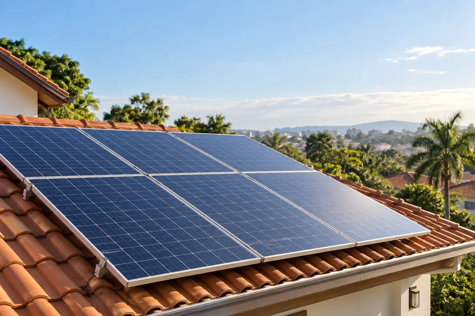 Ilustração de painéis fotovoltaicos sobre telhas cerâmicas em um dia ensolarado