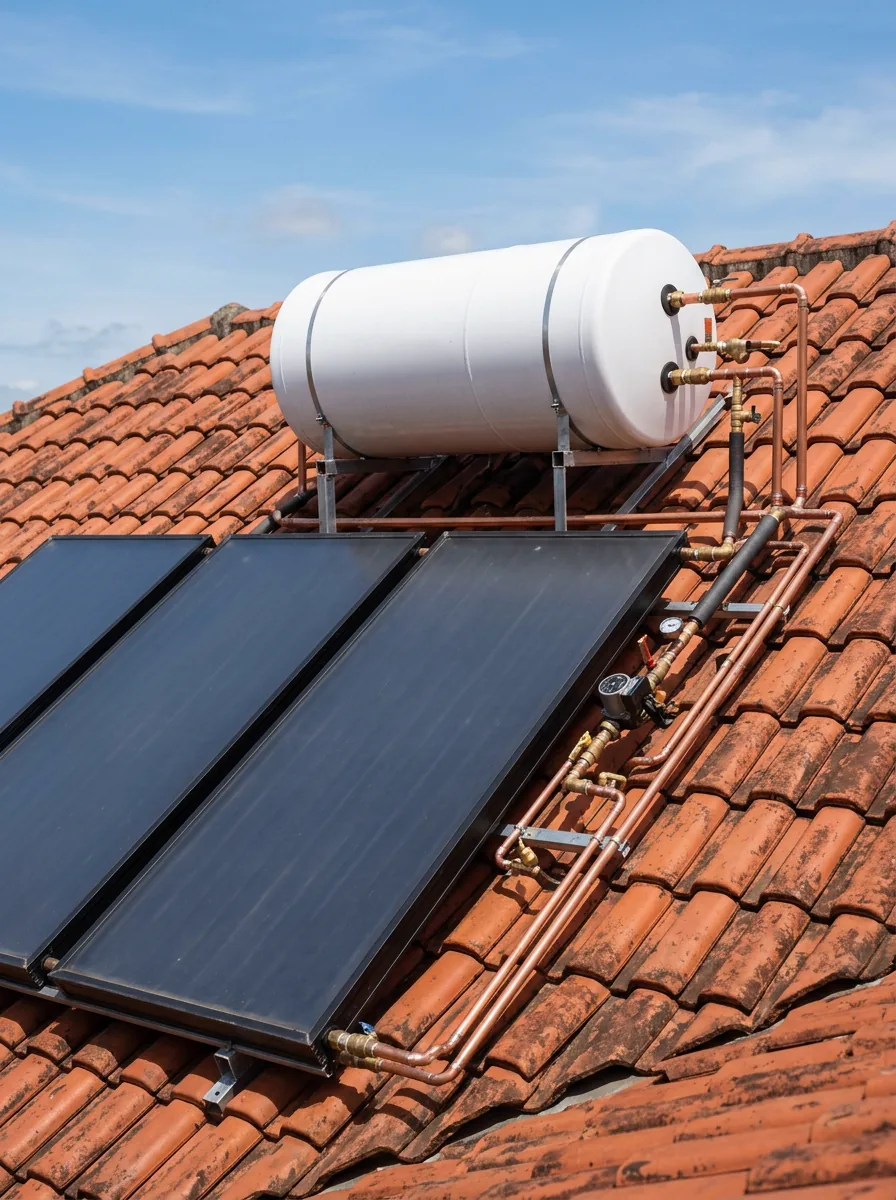 Coletores solares de aquecimento de água e reservatório térmico em telhado de telha cerâmica