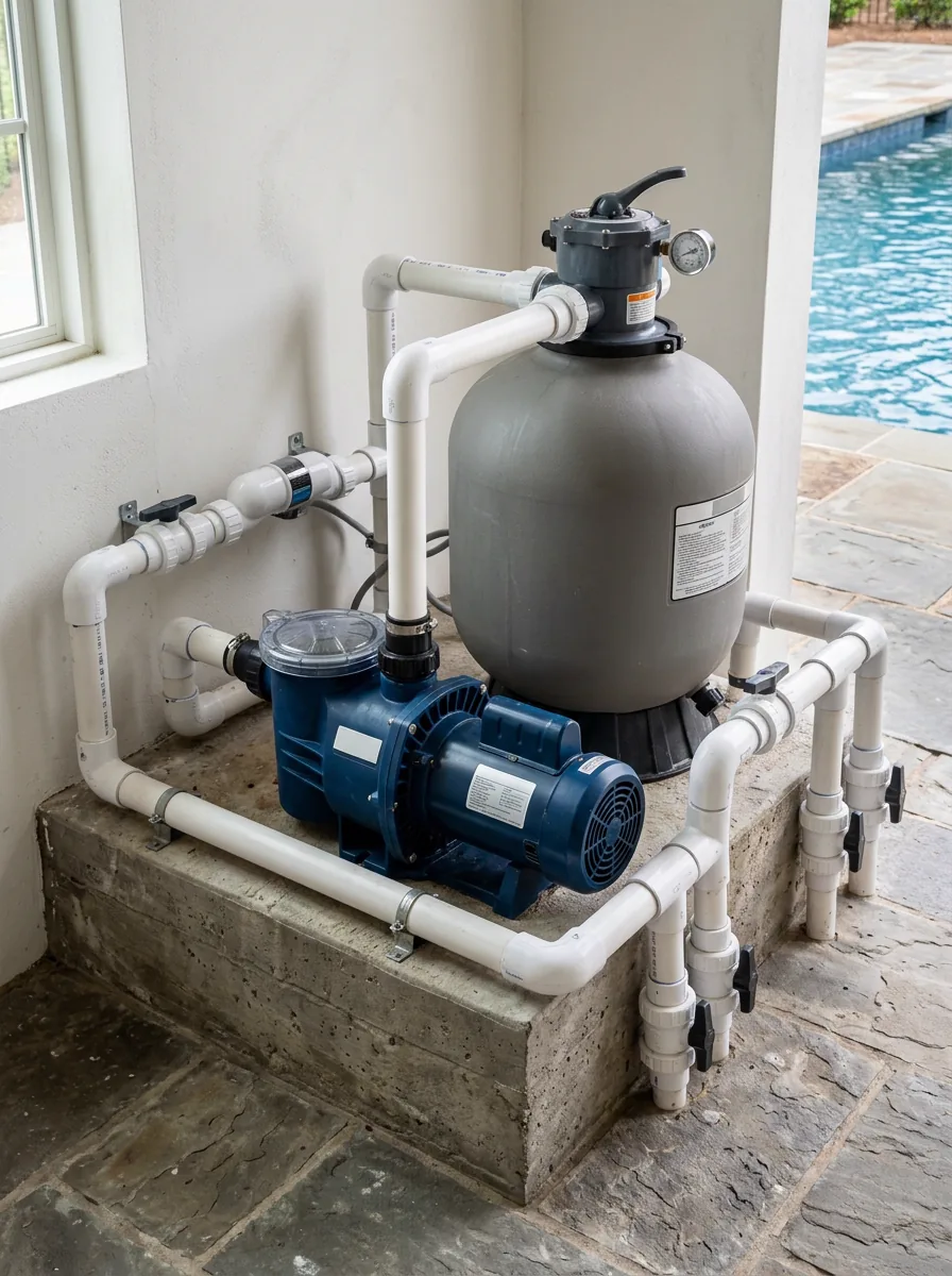 Casa de máquinas de piscina com bomba, filtro e tubulação de PVC organizada