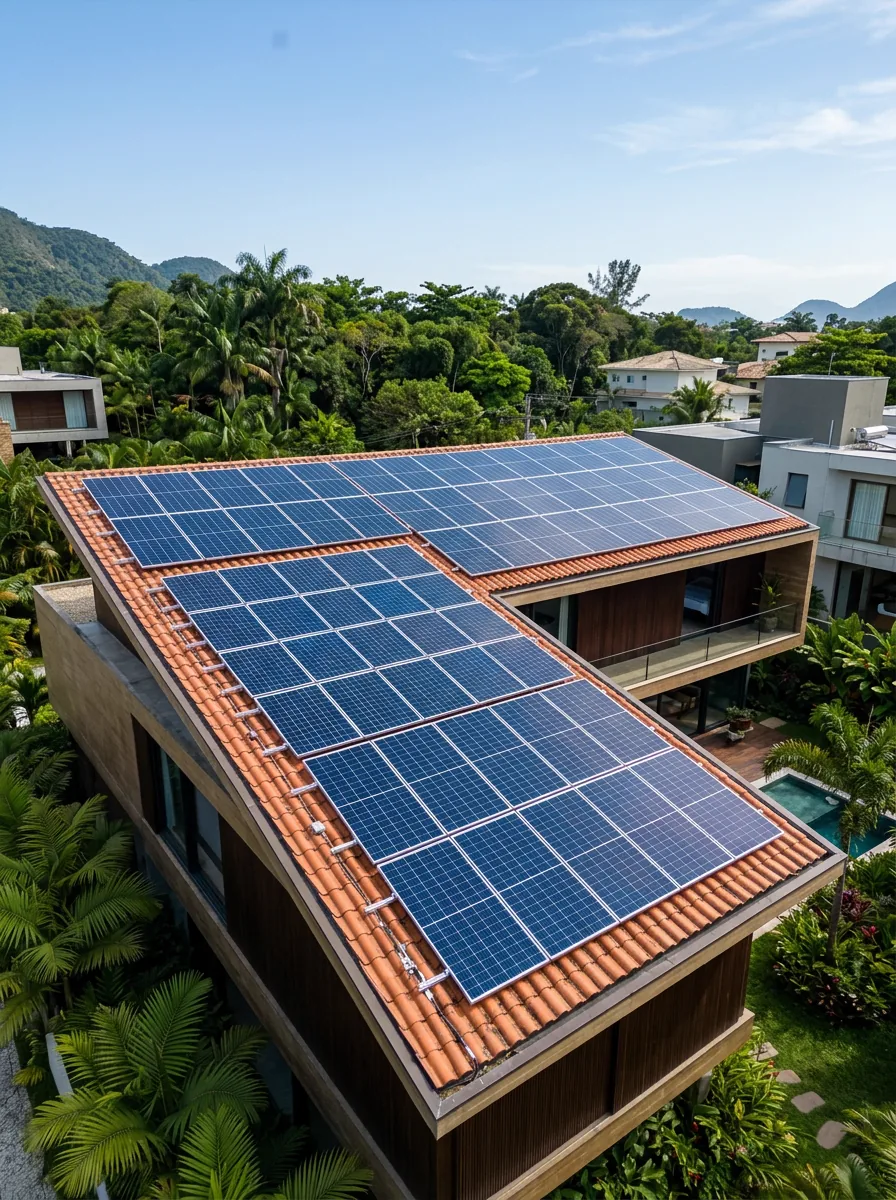 Módulos fotovoltaicos alinhados no telhado de uma residência