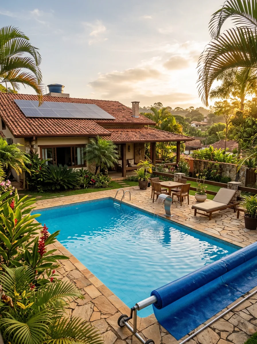 Piscina aquecida por energia solar, com capa térmica recolhida e coletores no telhado